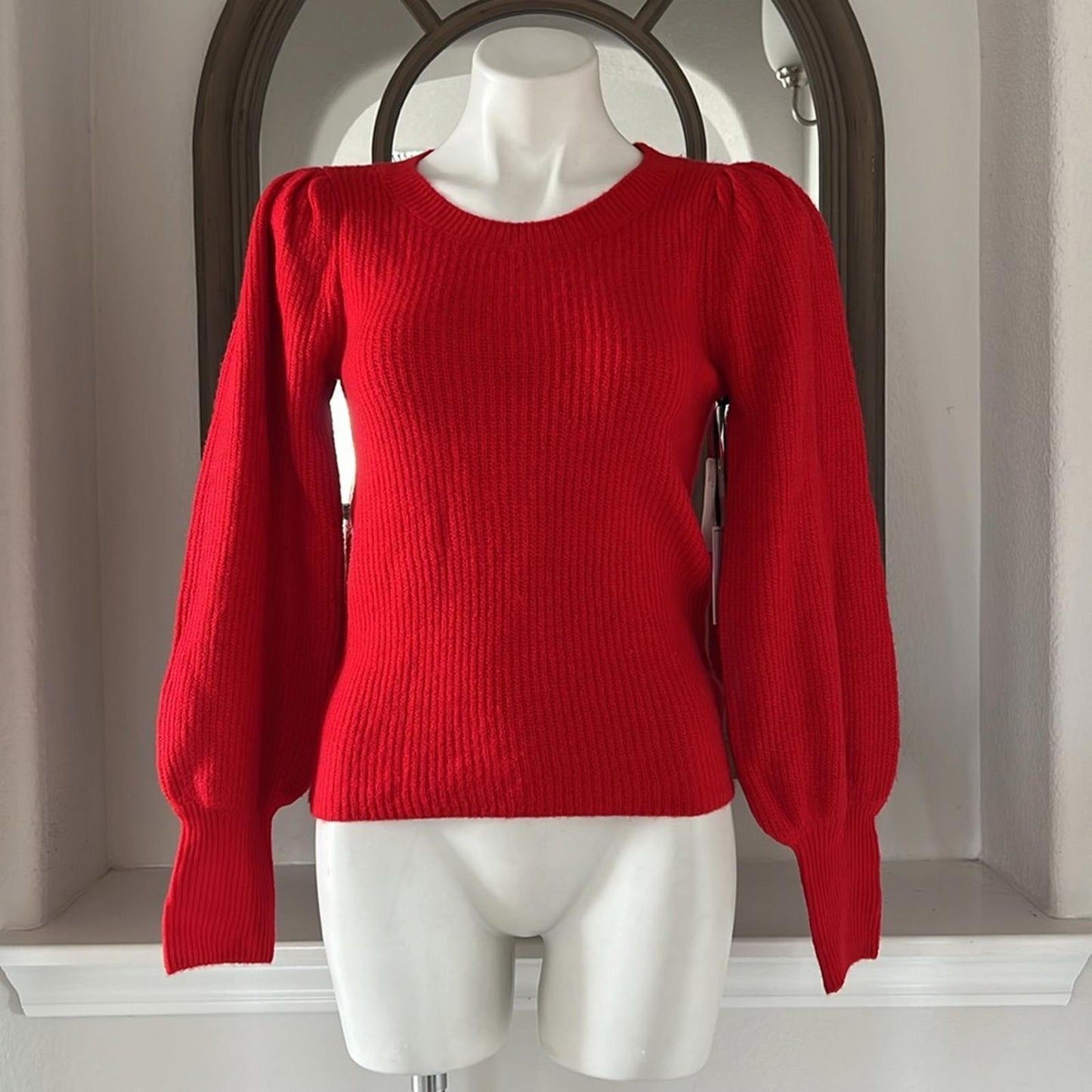 1.STATE Balloon Sleeve Crewneck Rib Sweater in Red, New, Size M