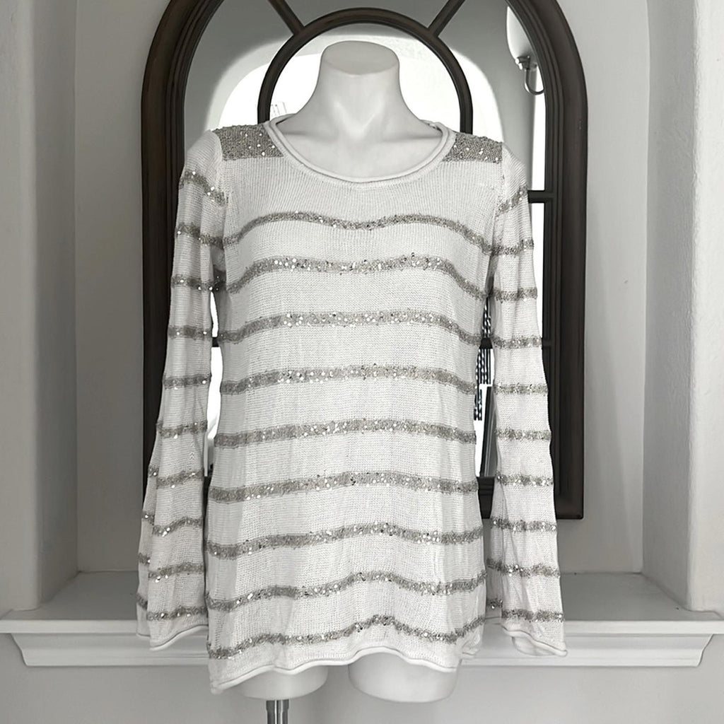 Belldini Elegant White/Silver Sequined Striped Women's Sweater Size XL EXCELLENT