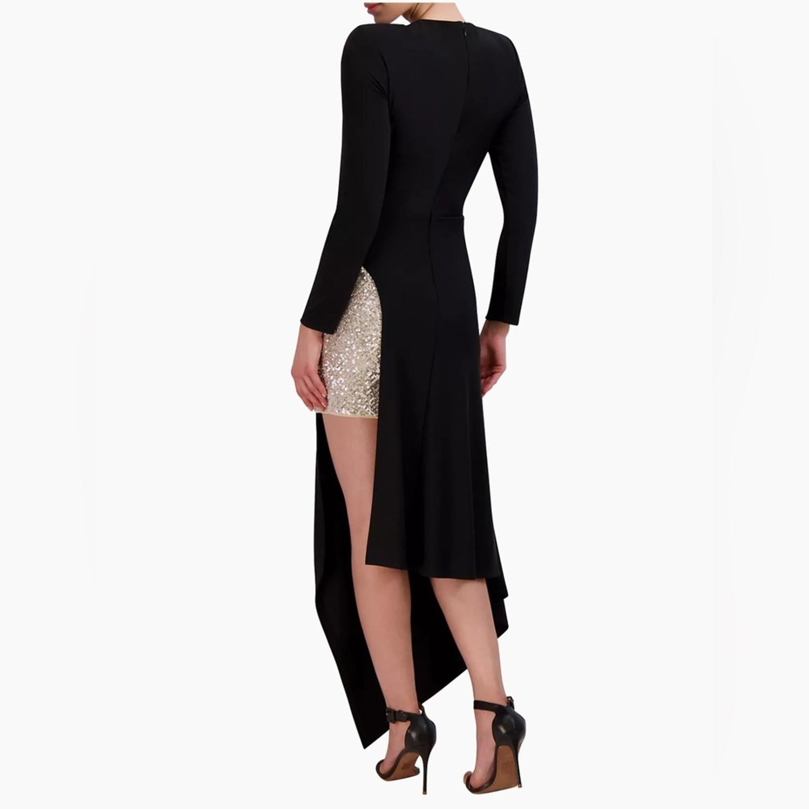 BCBGMaxazria Sequin Asymmetric Midi-Dress in Black Gold, Size 12, New with Tag