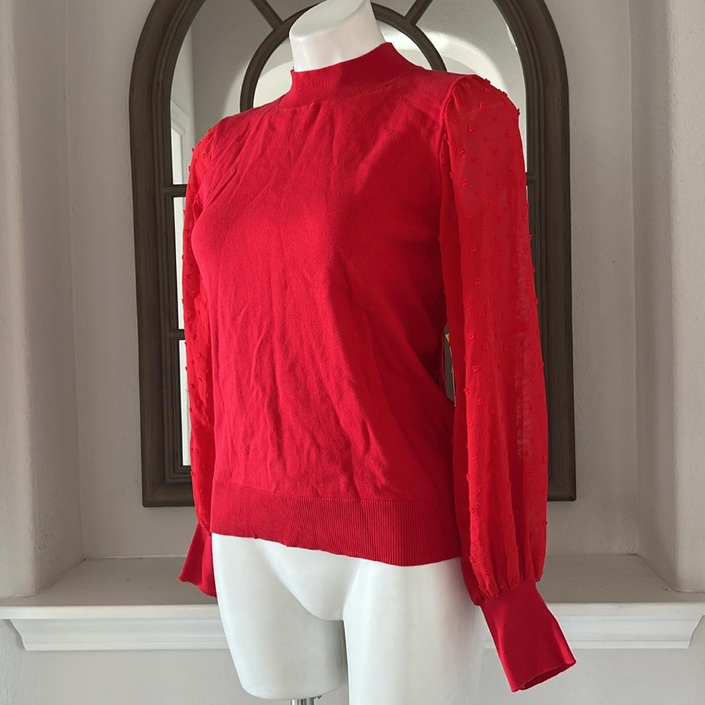 CeCe Clip Dot Sleeve Crewneck Sweater in Red, New w/Tag