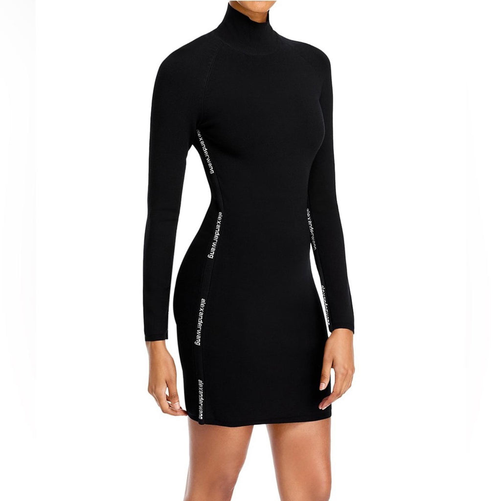Alexander Wang Bodycon LS Turtleneck Dress w/Logo Jacquard Trim Size L NEW wTag