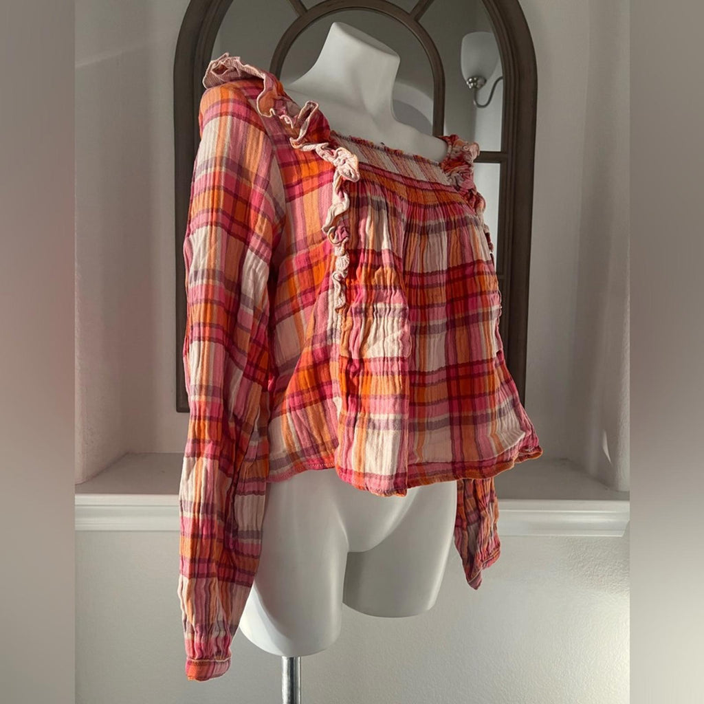 Free People Pullover Plaid Long Sleeve Ruffle Top, Size M New with Tag