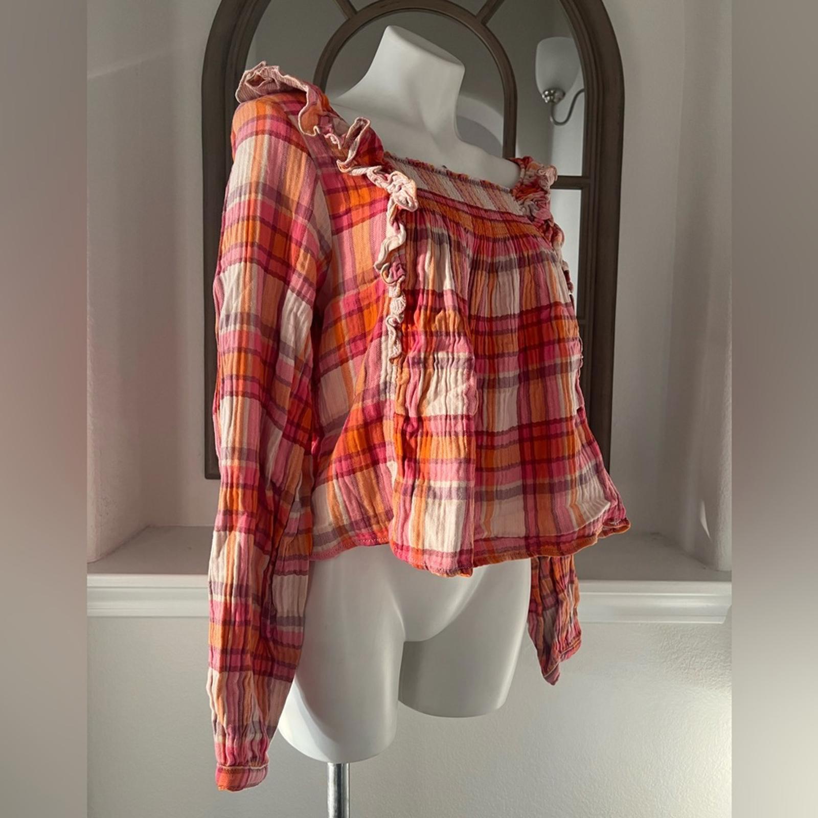 Free People Pullover Plaid Long Sleeve Ruffle Top, Size M New with Tag