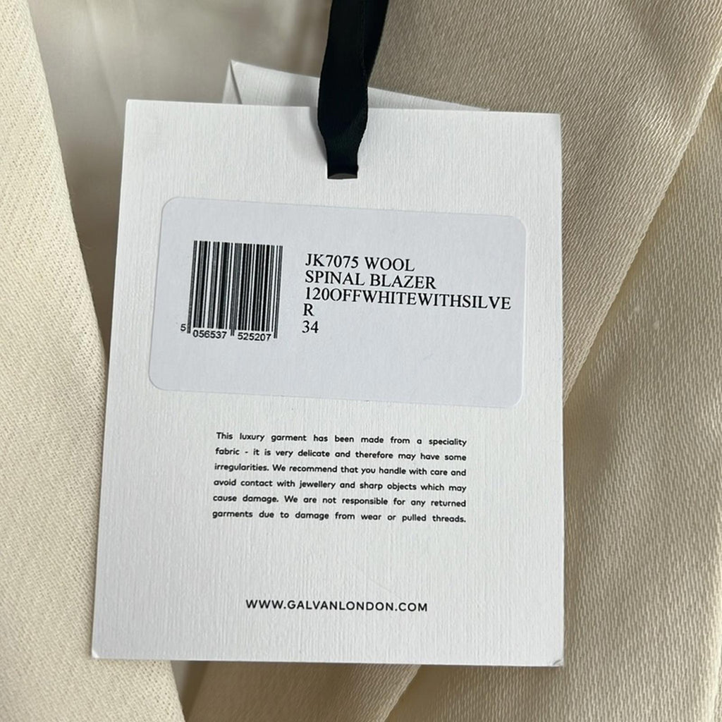 Galvan London Spinal Chain Embellished Blazer in Off White/Silver, NWT, Size 2