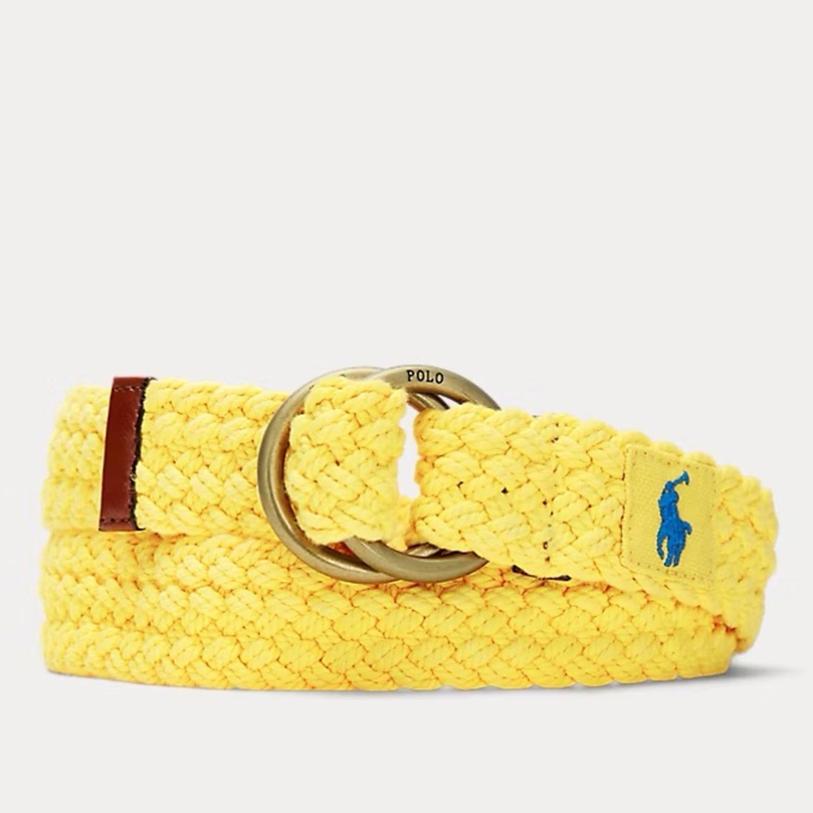 Polo Ralph Lauren Leather-Trim Cotton Braided Belt in Yellow Fin, NWT, Size M