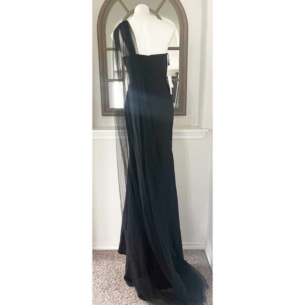 HEBEOS Sheath Stretch Crepe Ruched One-Shoulder Sweep/Train Dress, Black