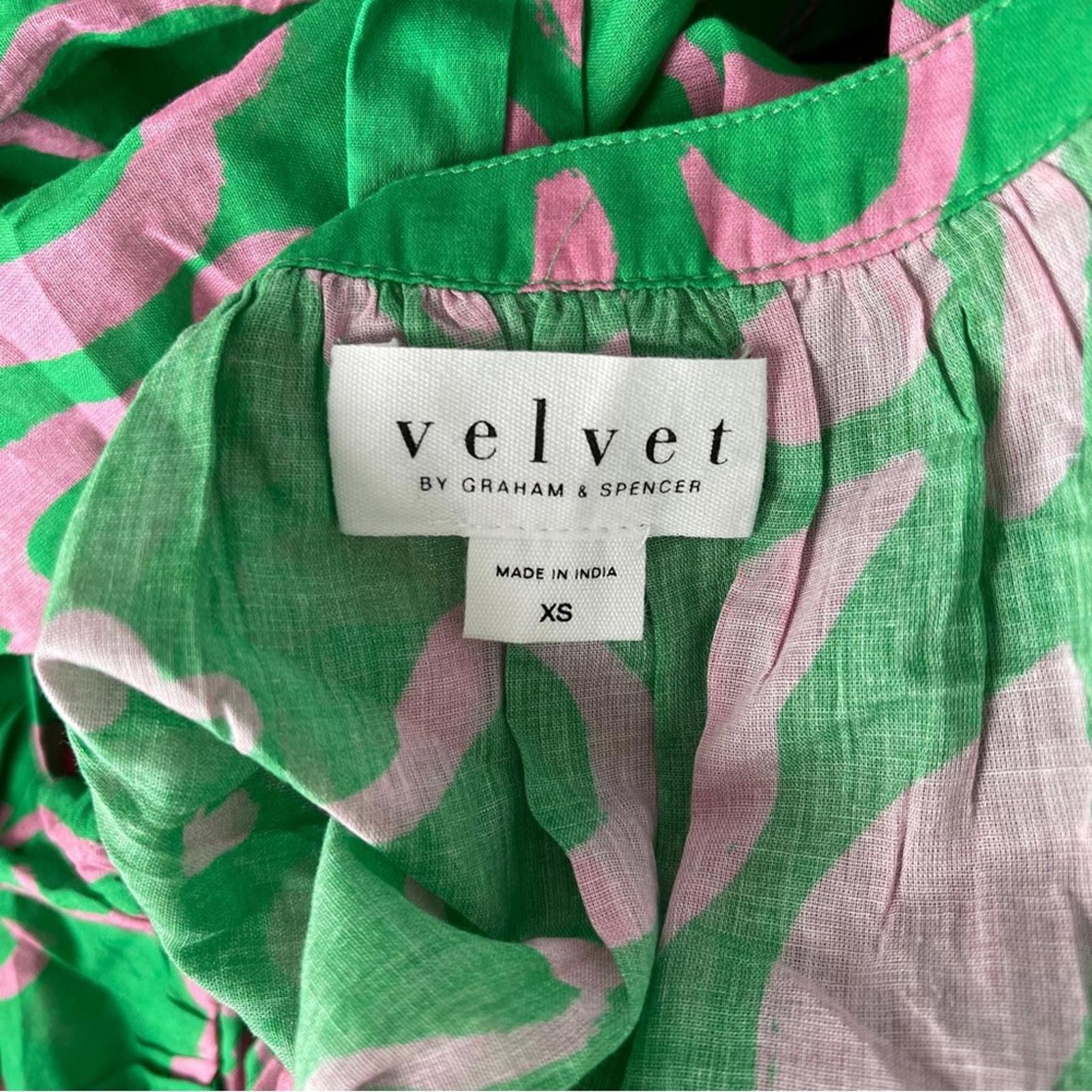 Velvet Kiki Short Tie-Belt Printed Cotton Dress in Green/Link, Size XS NWT