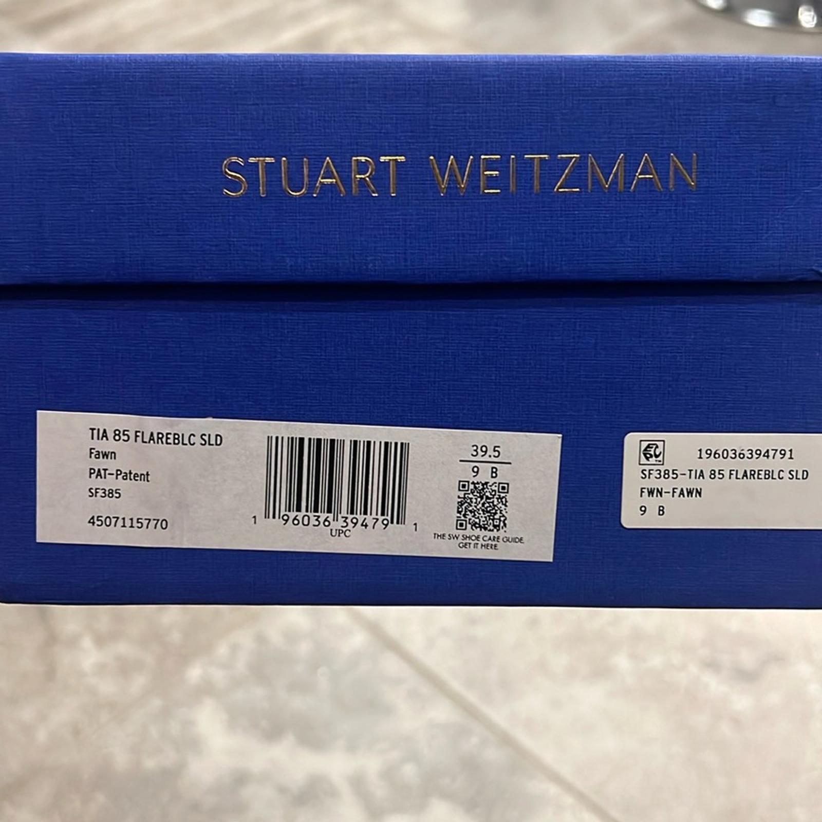 Stuart Weitzman Tia 85 Flared Block Heel Sandals Fawn Patent Leather Size 9 NEW