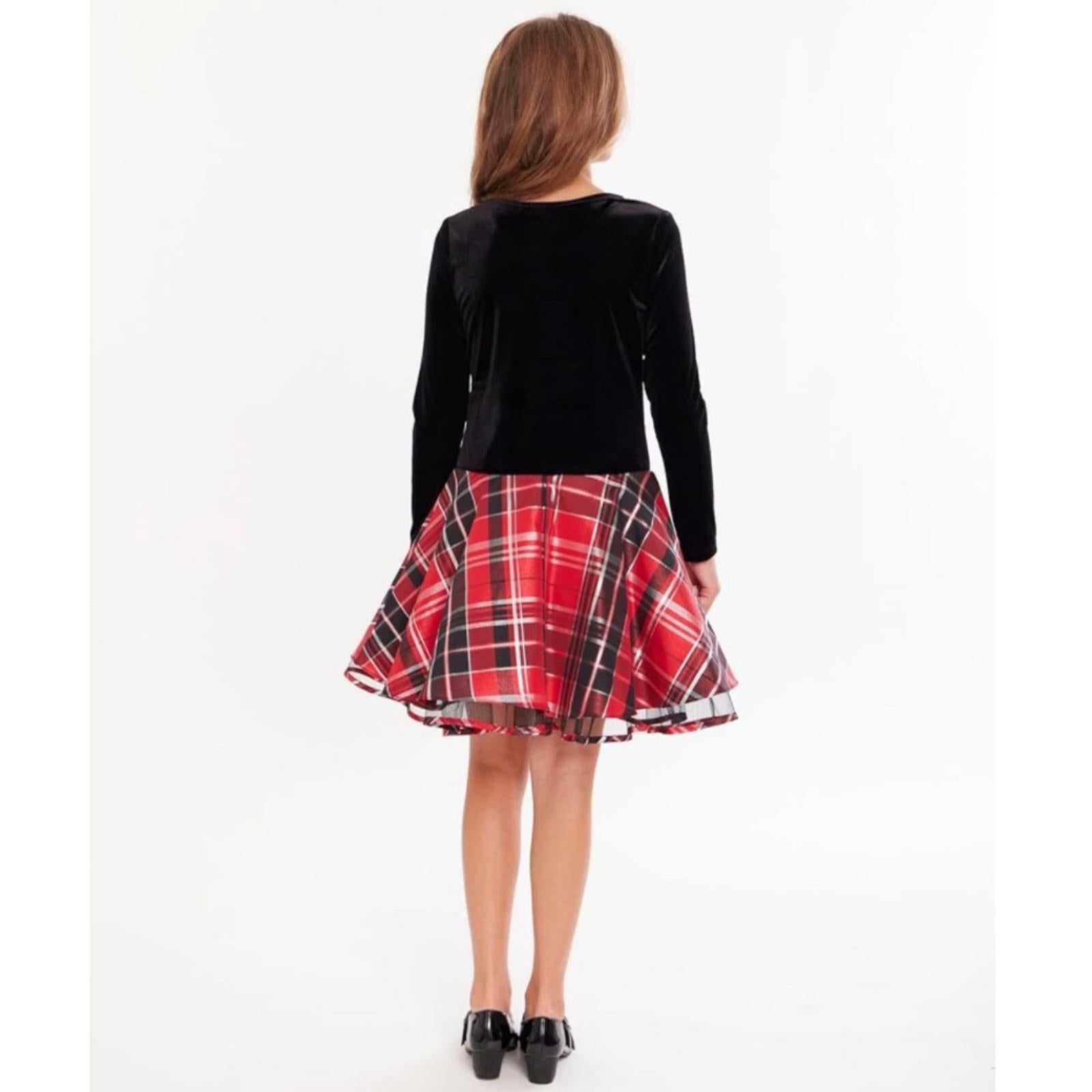 Bonnie Jean Long Sleeve Velvet Bodice w/Plaid Skirt Dress, Red Black 2/2T NEW