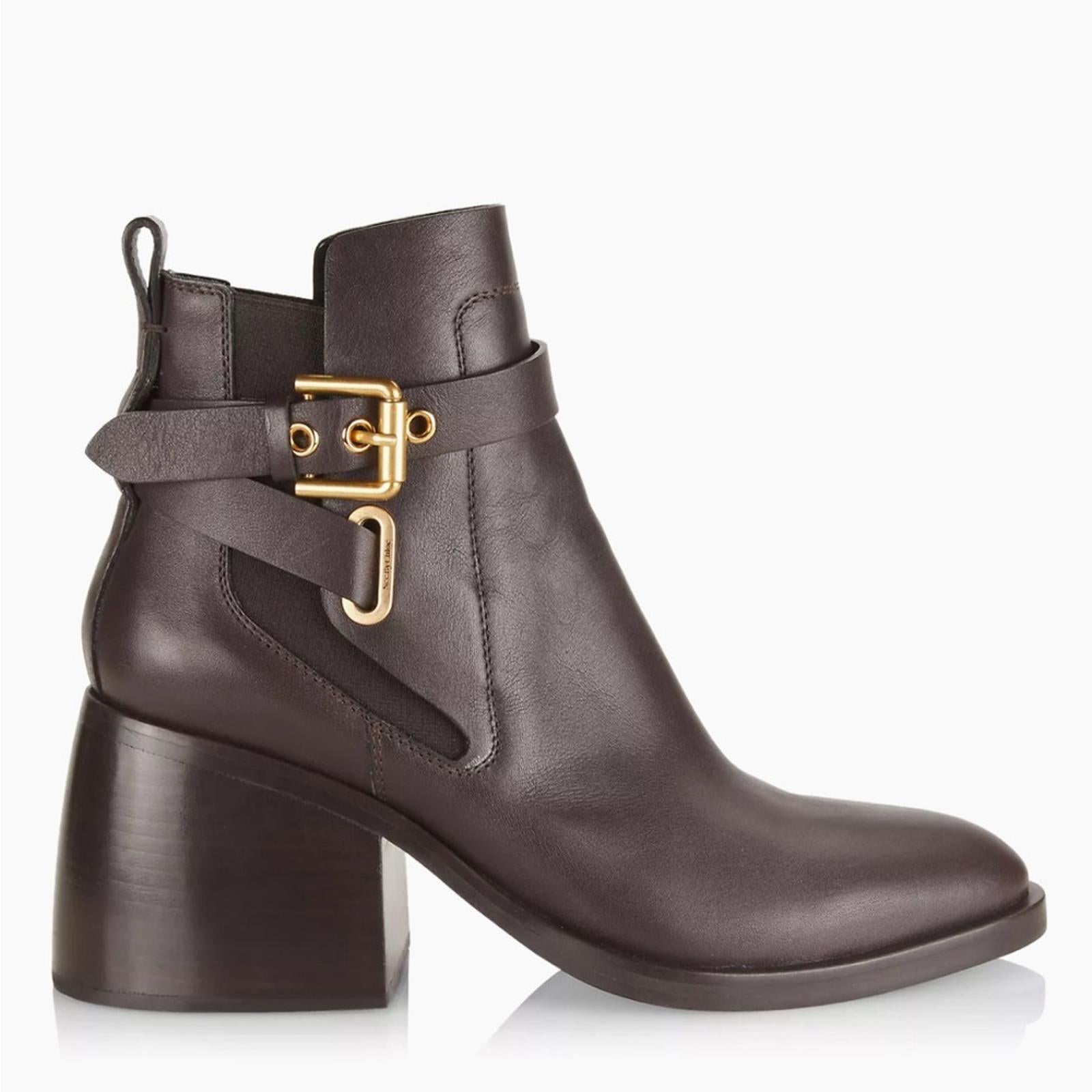 See by Chloé Dark Brown Calf Averi Block Heel Leather Bootie, Size 41 w/DustBag