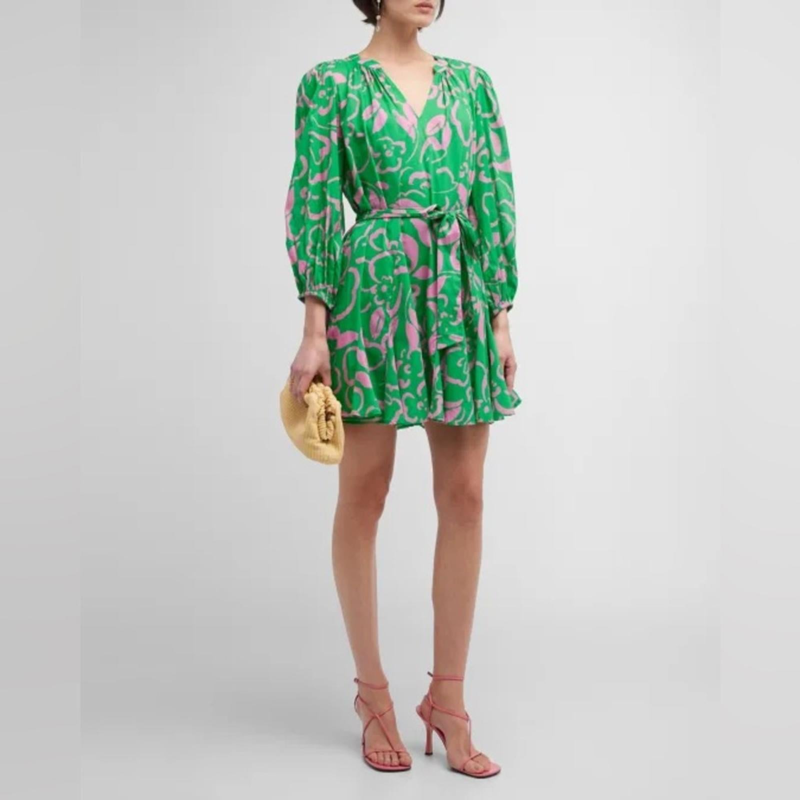 Velvet Kiki Short Tie-Belt Printed Cotton Dress in Green/Link, Size XS NWT