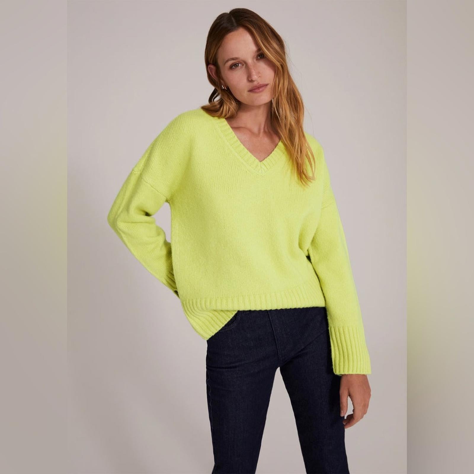 Favorite Daughter The William V-Neck Wool & Cashmere Blend Sweater, Citron NWT