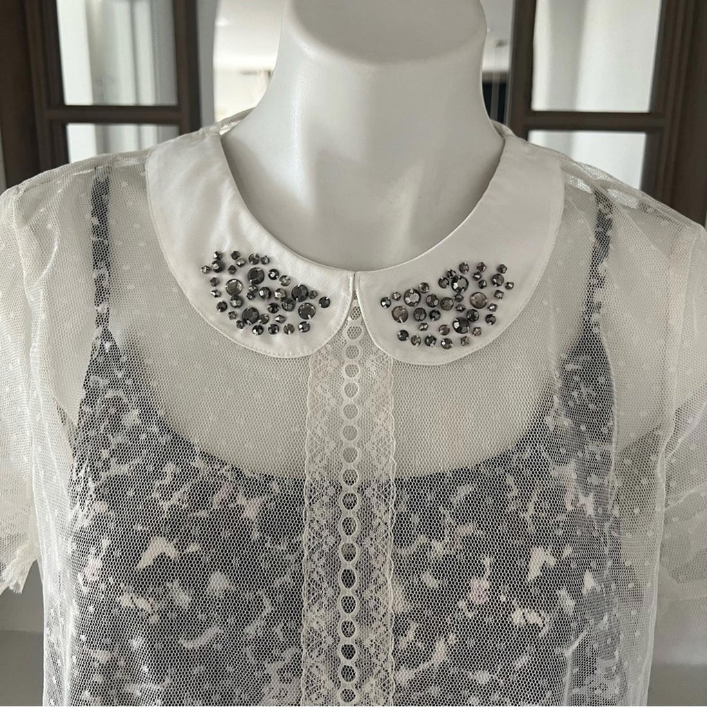 Next 2-Piece PeterPan Embelished Collar Mesh Blouse & Camisole Size UK 18, US 14
