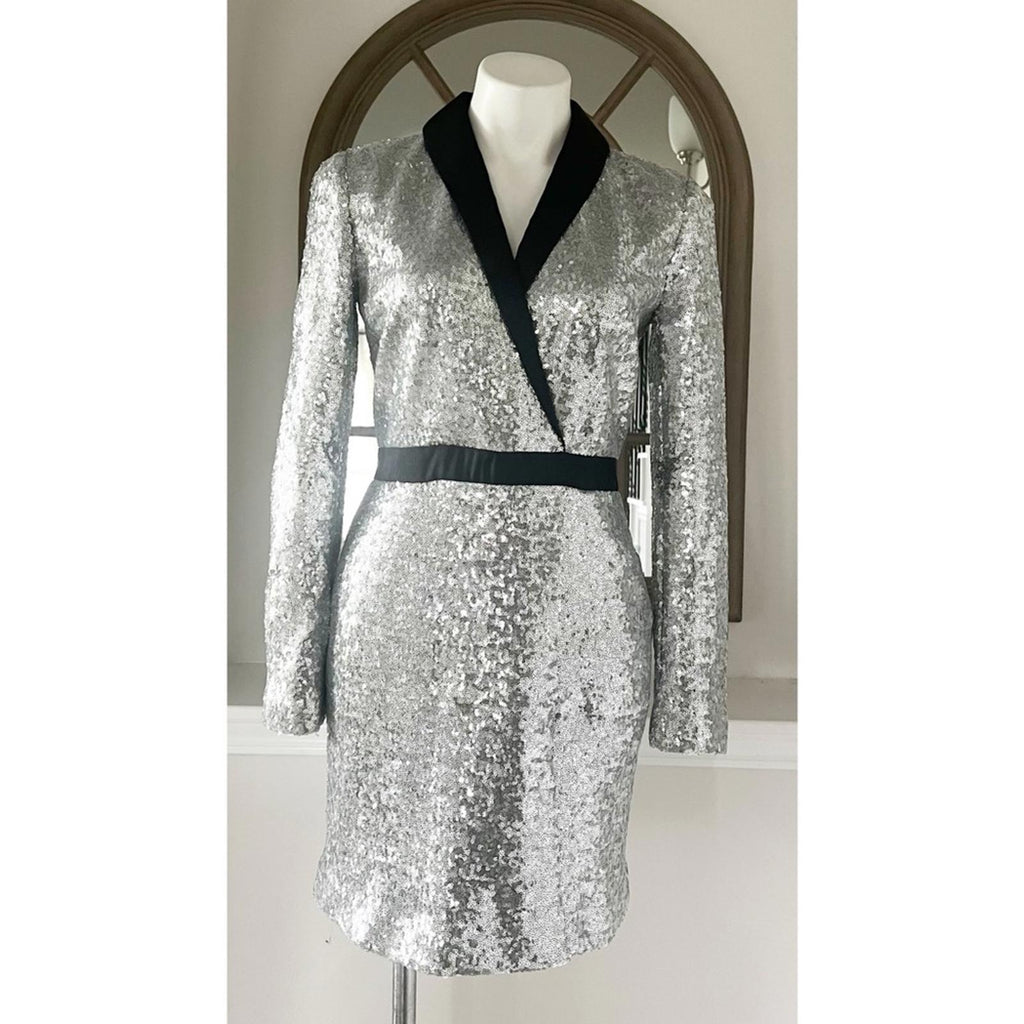 Rachel Zoe Meryl Sequin Faux Wrap Dress in Silver, Size 6 New w/Tag $345