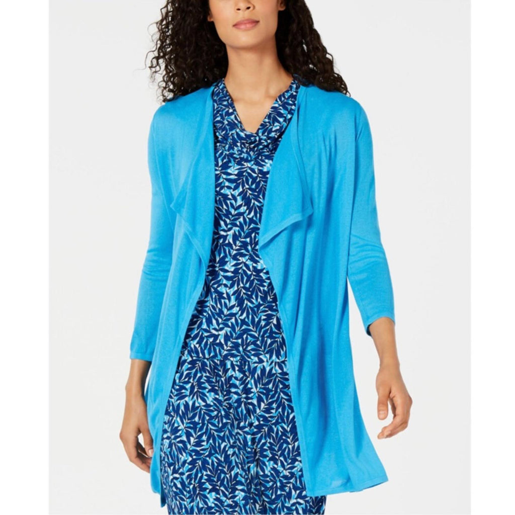 Kasper Open Front 3/4 Sleeve Cardigan in Ocean Blue, Size M New with Tag