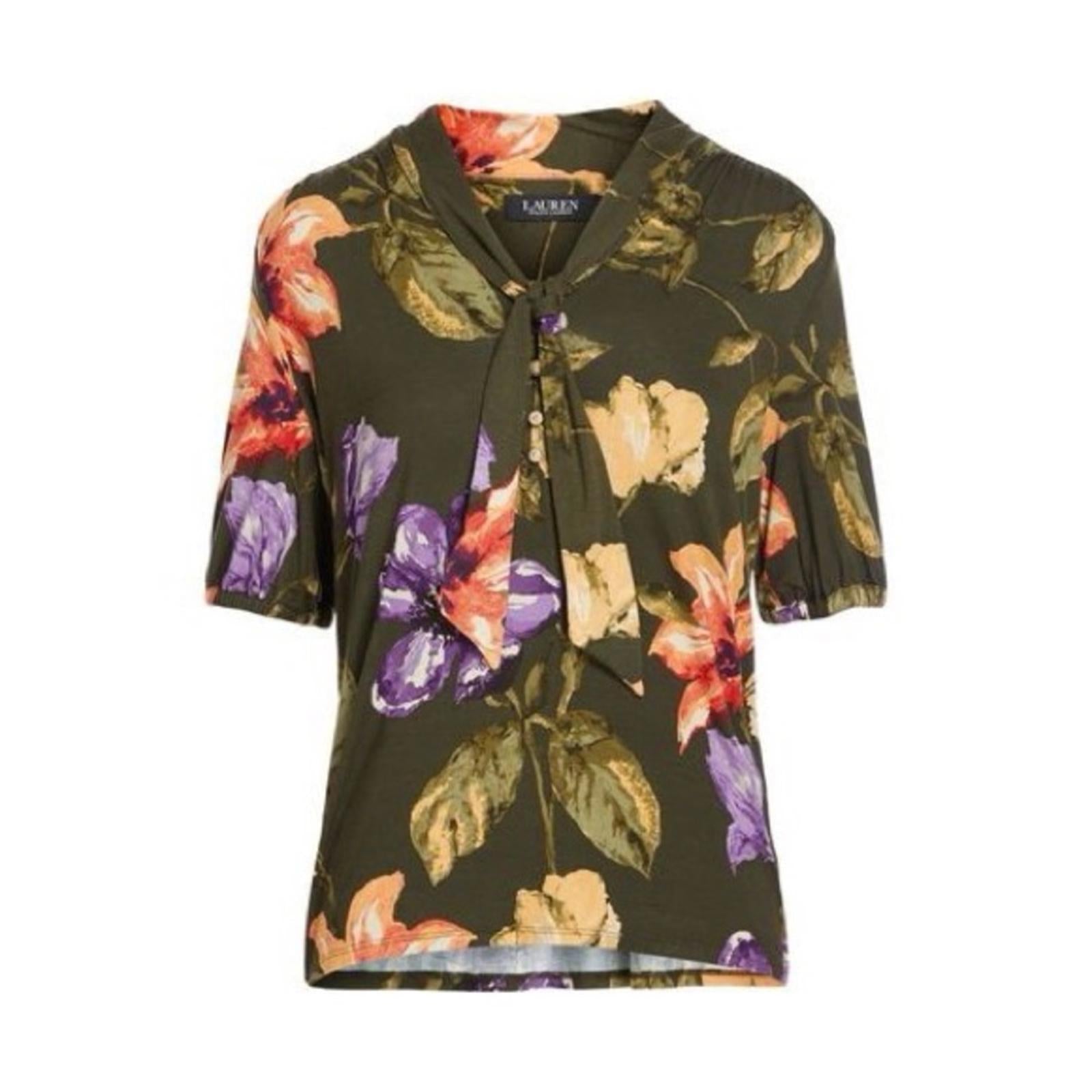 Ralph Lauren Floral Jersey Tie-Neck Blouse in Farm Olive, Plus Size XXL, NWT