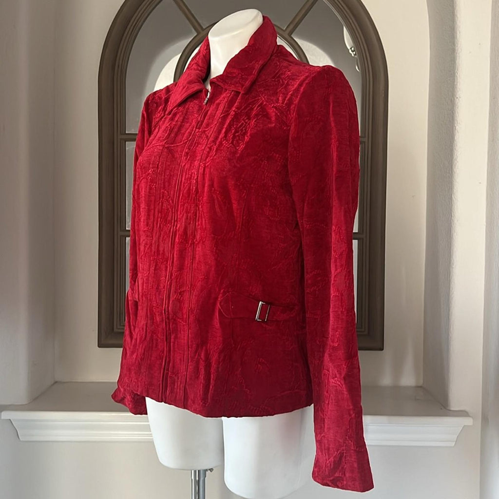 Christopher & Banks Floral Corduroy Front Zip Jacket in Red, Size L EXCELLENT
