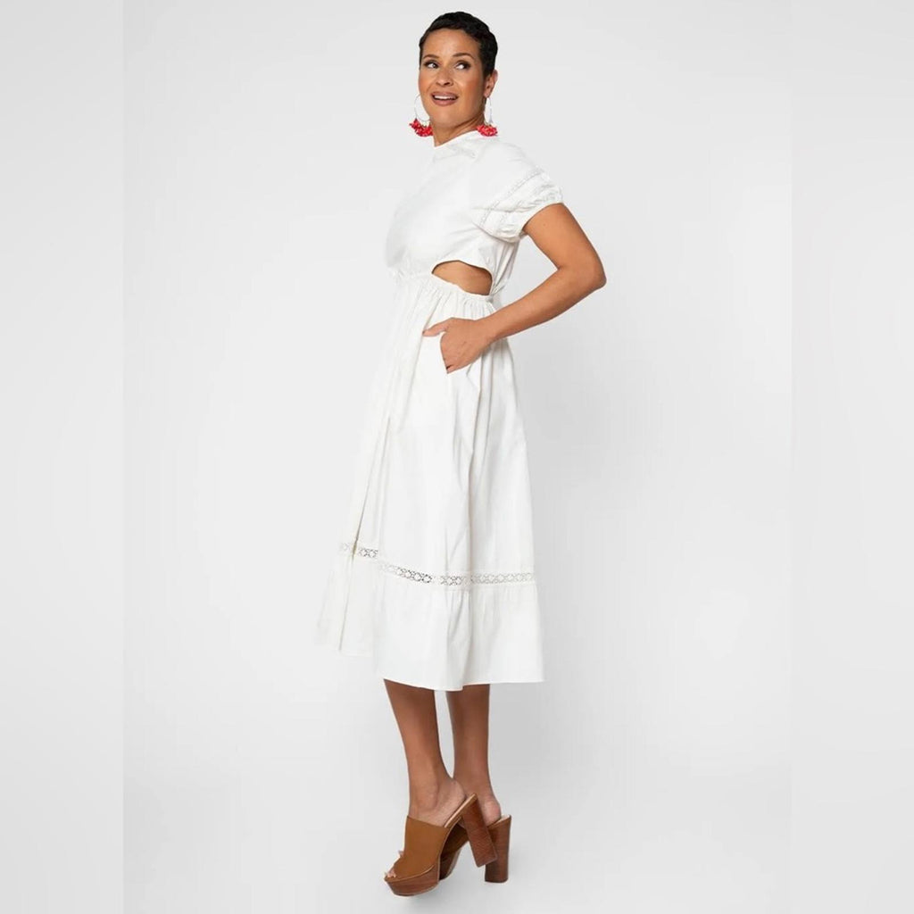 Leota Michelle Lace Trim Poplin Midi Dress, White Size L New w/Tag