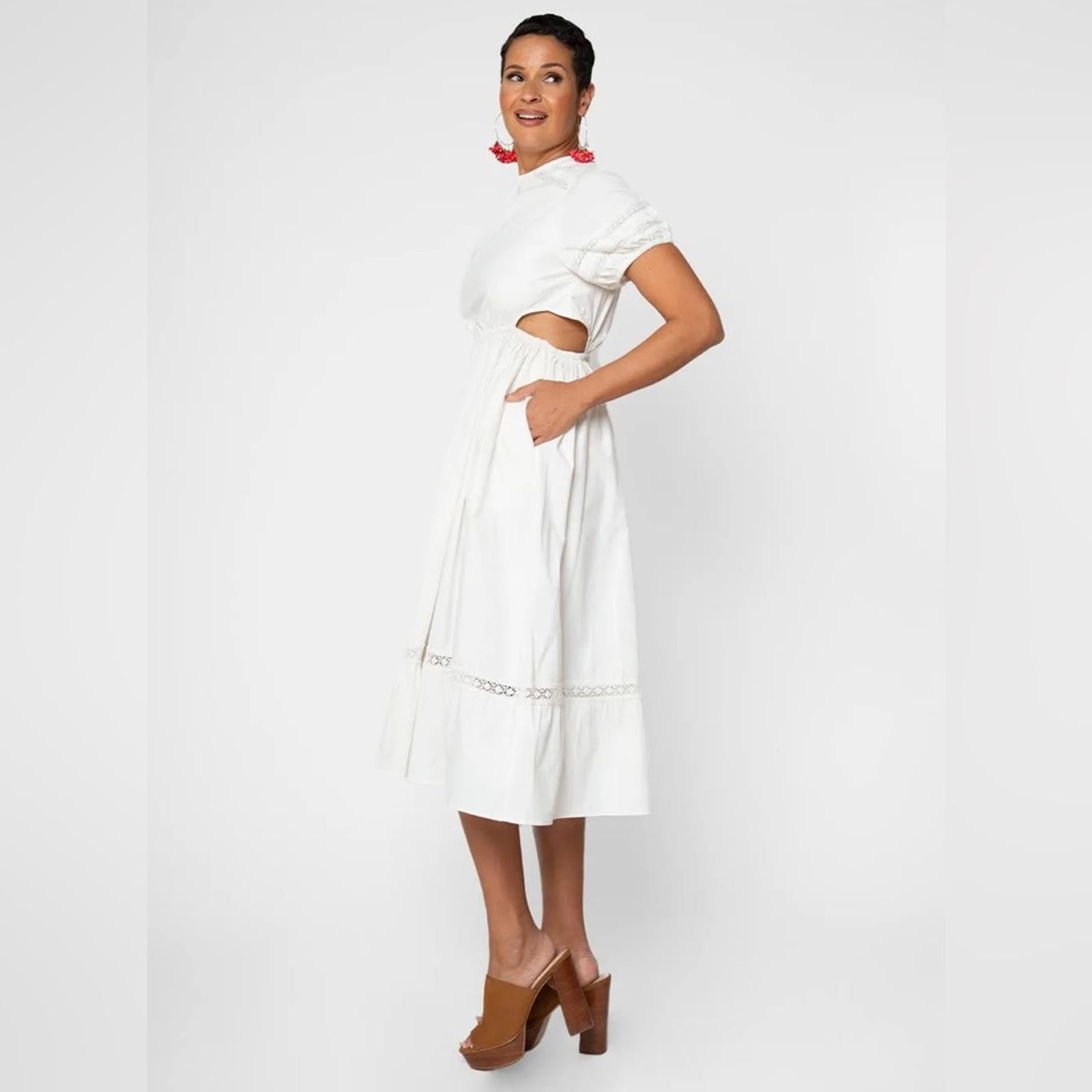 Leota Michelle Lace Trim Poplin Midi Dress, White Size L New w/Tag