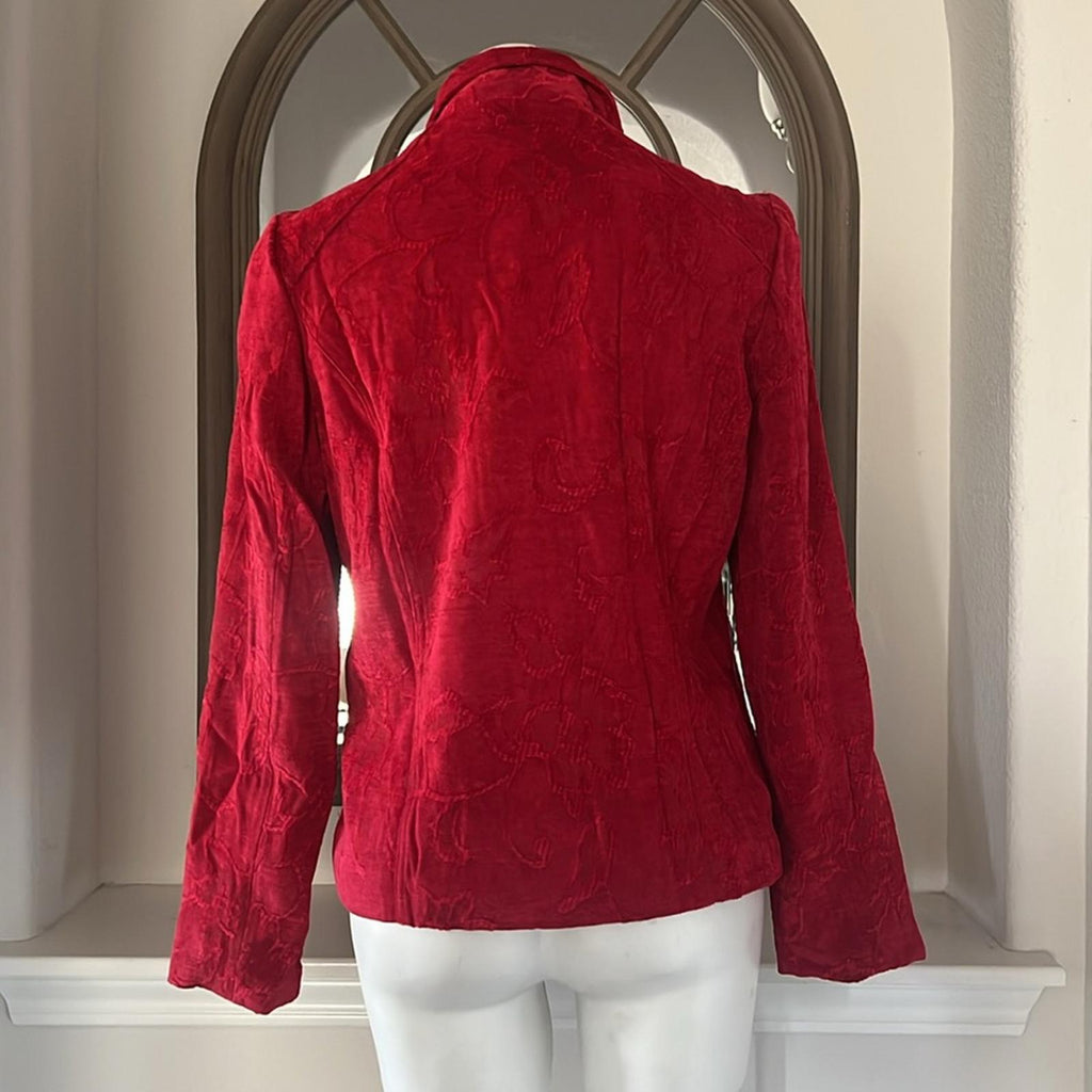Christopher & Banks Floral Corduroy Front Zip Jacket in Red, Size L EXCELLENT