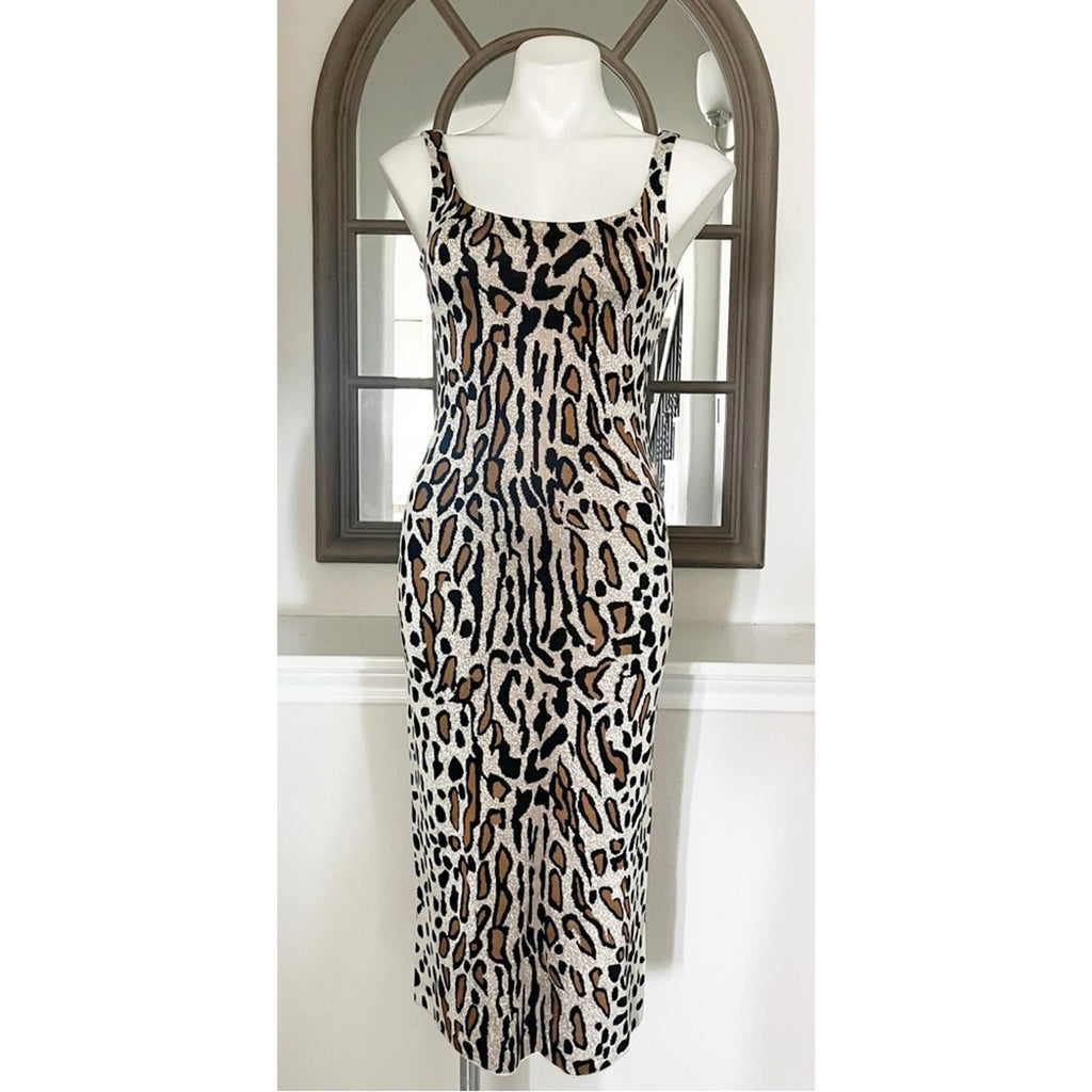 St. John Margay Animal Print Midi Dress in Brown Multi, Size 2 NEW w/Tag $1,295