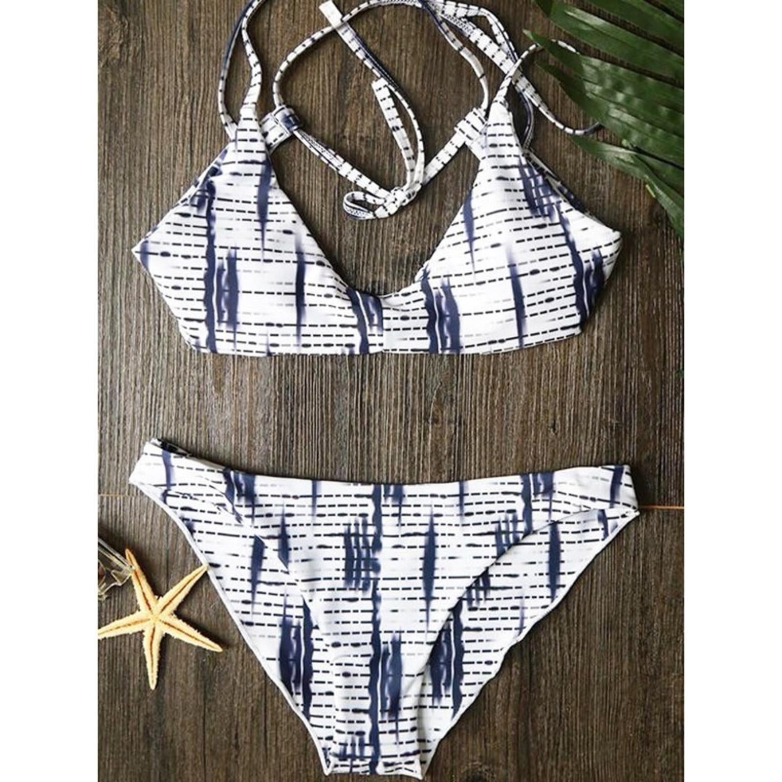 ZAFUL Blue Stripe Printed Cross Back Bikini Set Size L NEW