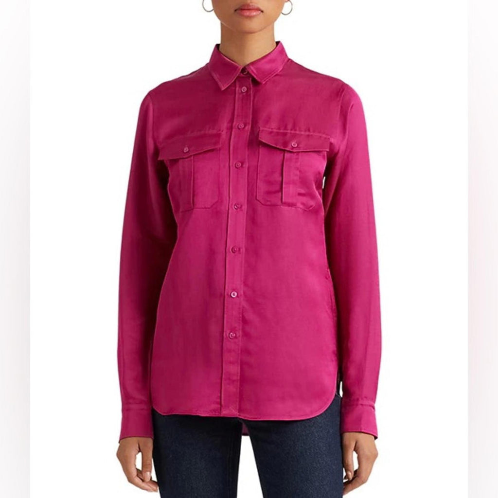 Lauren Ralph Lauren Satin Long Sleeve Buttoned Top in Fuchsia, Plus Size 1X NWT