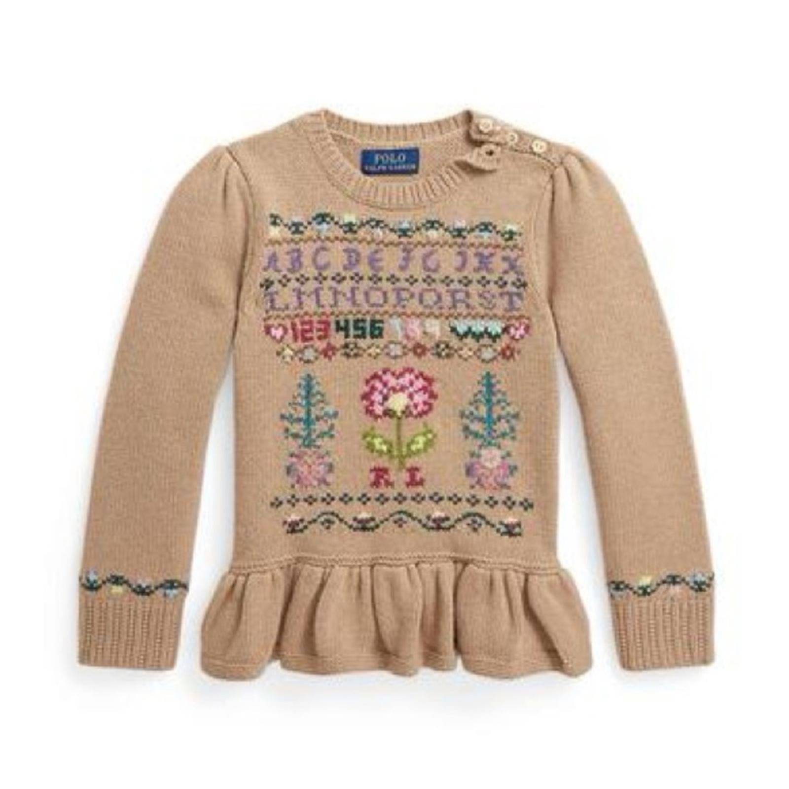Polo Ralph Lauren Intarsia-Knit Wool-Blend Peplum Sweater, Size 6X, New w/Tag