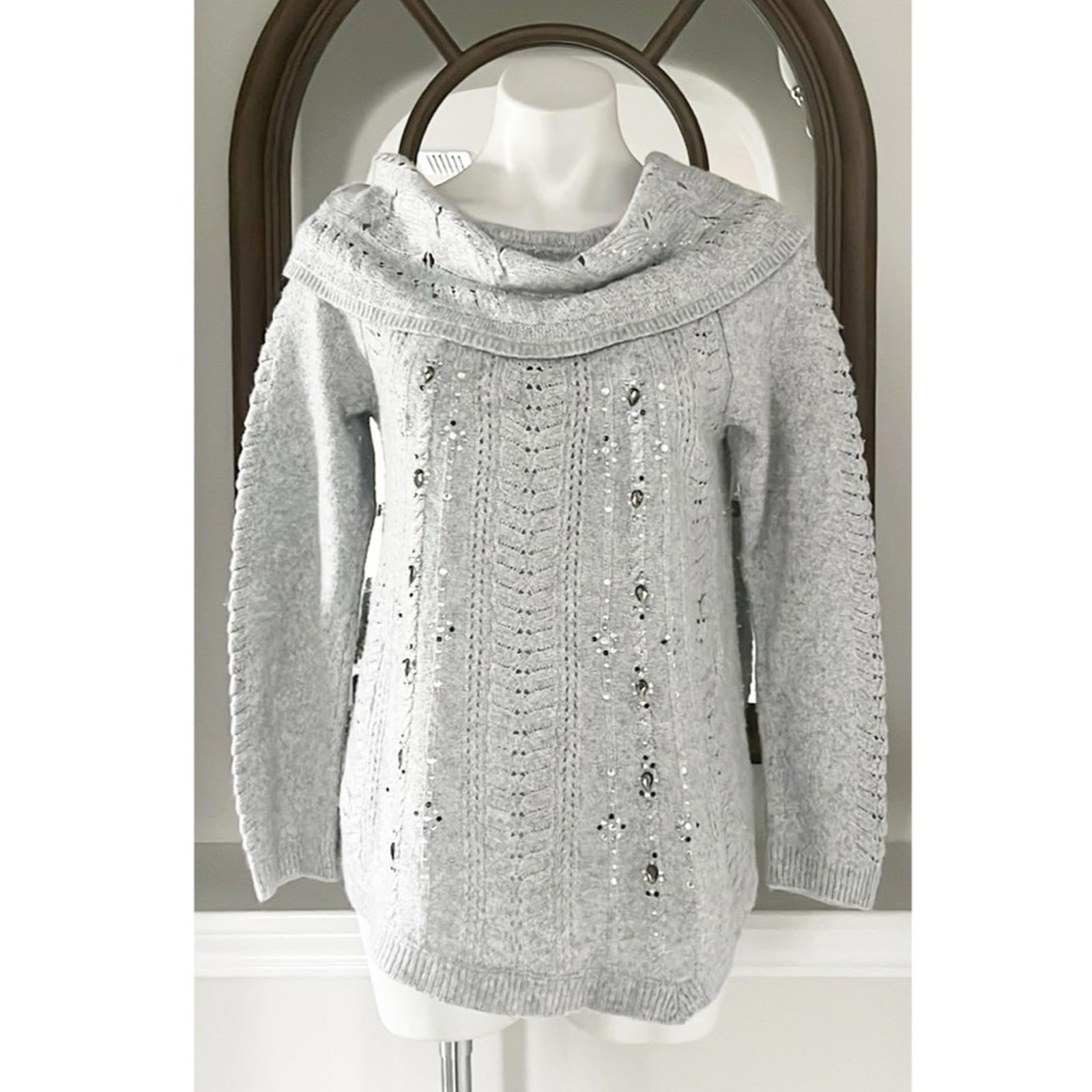 WHBM Embellished Cowl Neck Pullover in Heather Grey, Size L EXCELLENT!