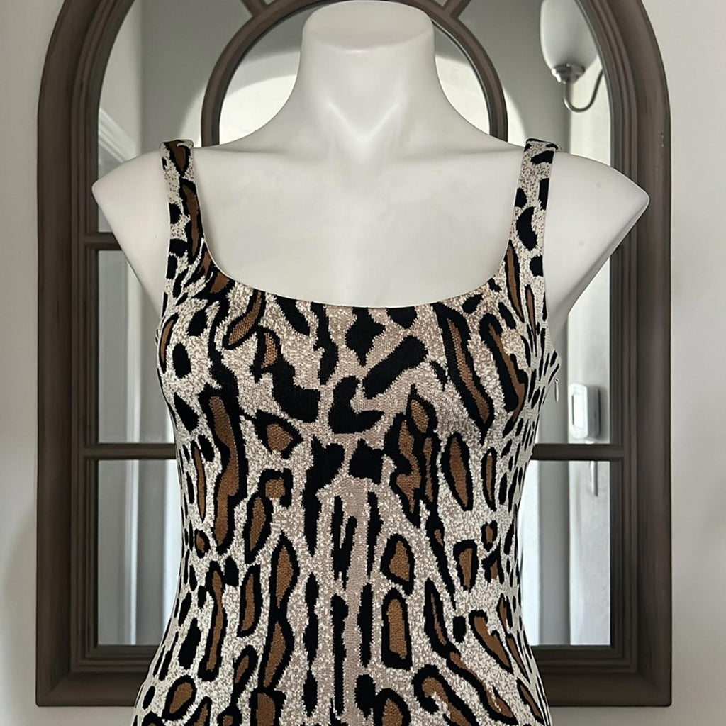 St. John Margay Animal Print Midi Dress in Brown Multi, Size 2 NEW w/Tag $1,295