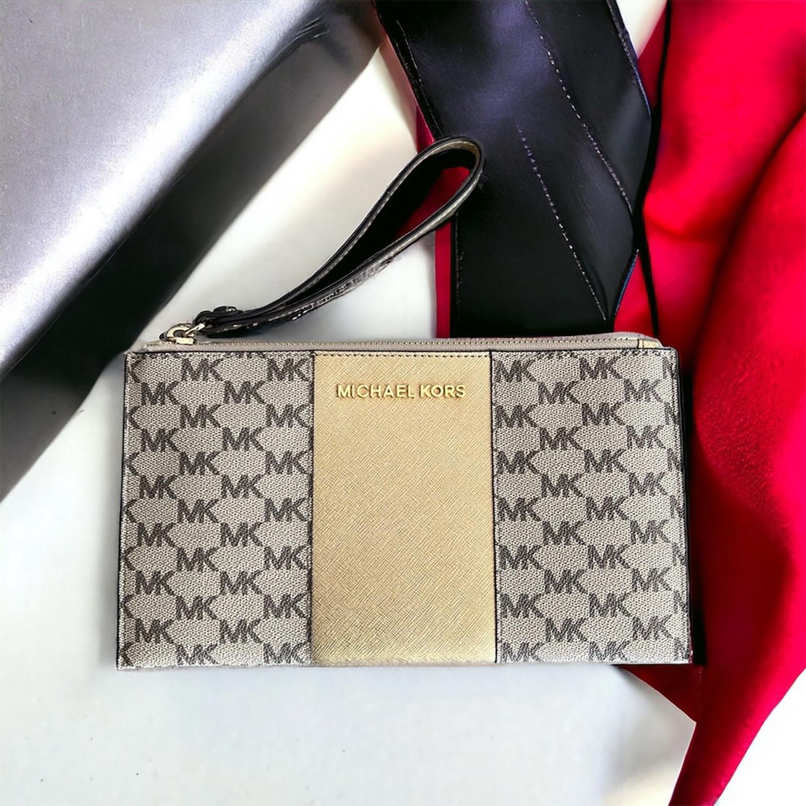 Michael Kors Large Center Stripe Zip Clutch MK Monogram, New w/o Tag Retail $98