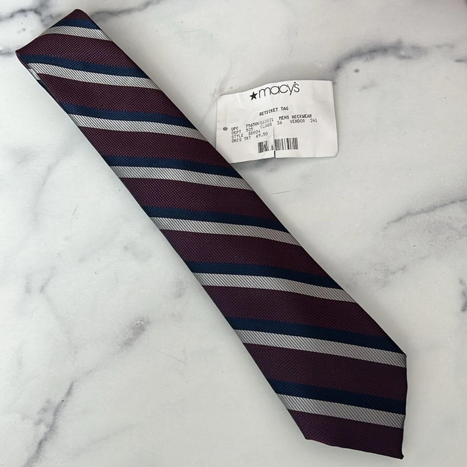 Tommy Hilfiger Diagonally Striped Silk Blend Tie in Purple, New w/Tag $69.50