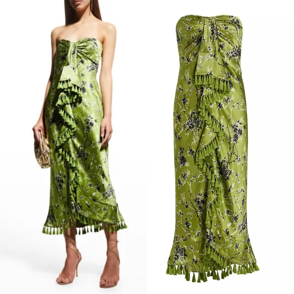 Cinq à Sept Elise Silk Strapless Wildflower Ruffle Tassel Dress, NWT, Size 0