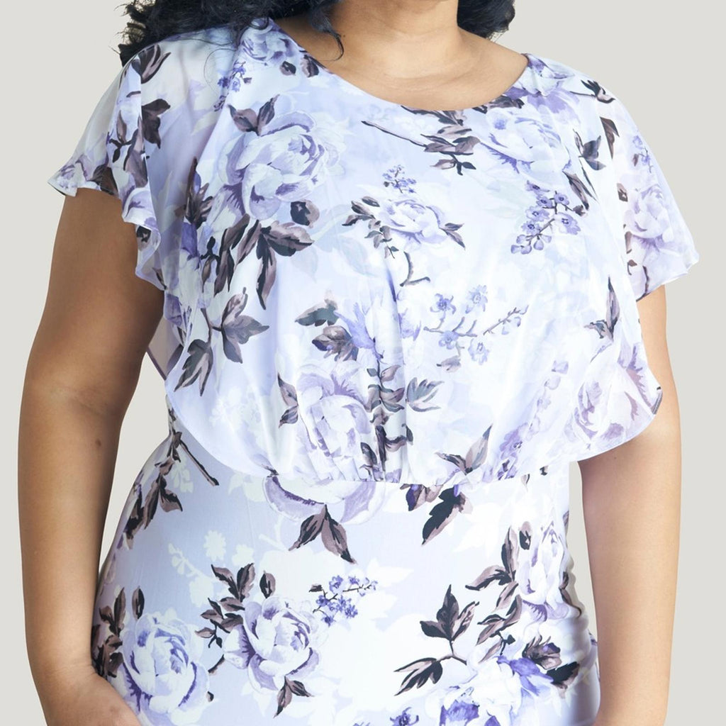 Connected Apparel Daphne Lavender Floral Chiffon Popover Dress, Petite Size 14