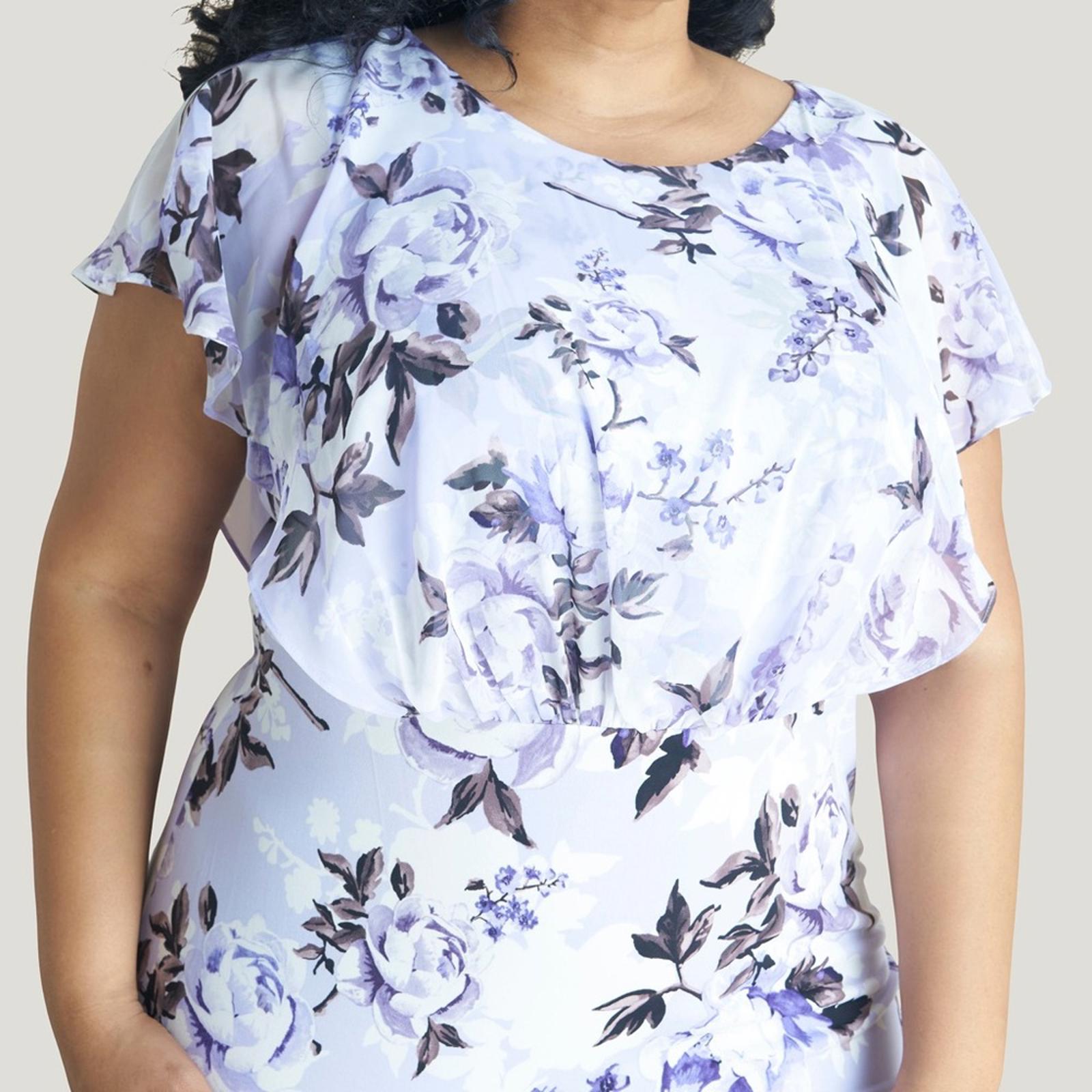 Connected Apparel Daphne Lavender Floral Chiffon Popover Dress, Petite Size 14