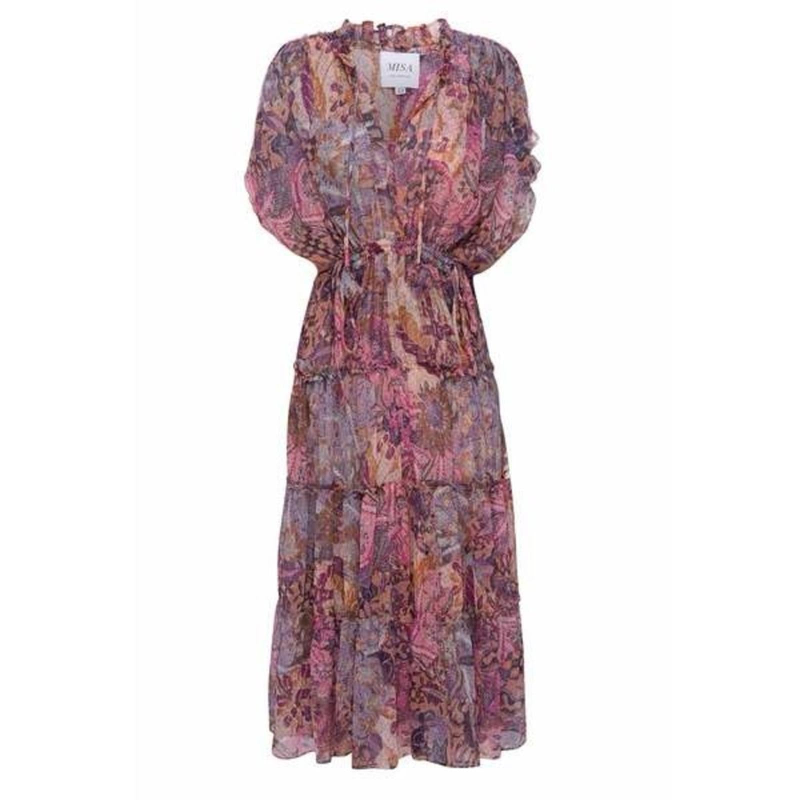 MISA Ilya Split-Neck Tiered Midi Dress, Boho Maxi Size XS New w/Tag $430
