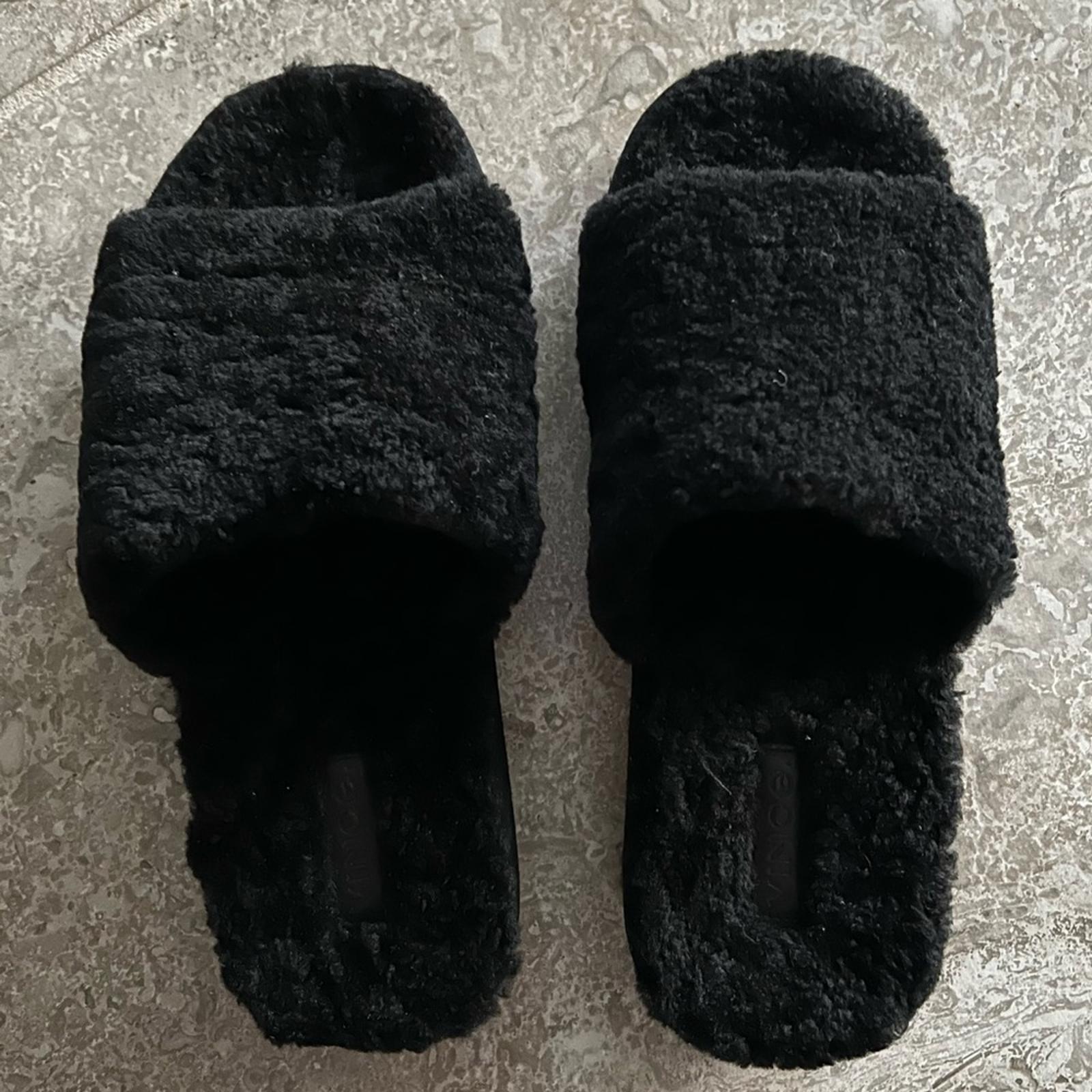 VINCE Real Fur Slide Sandals Cozy Slippers in Black, Size 7M New w/o Box