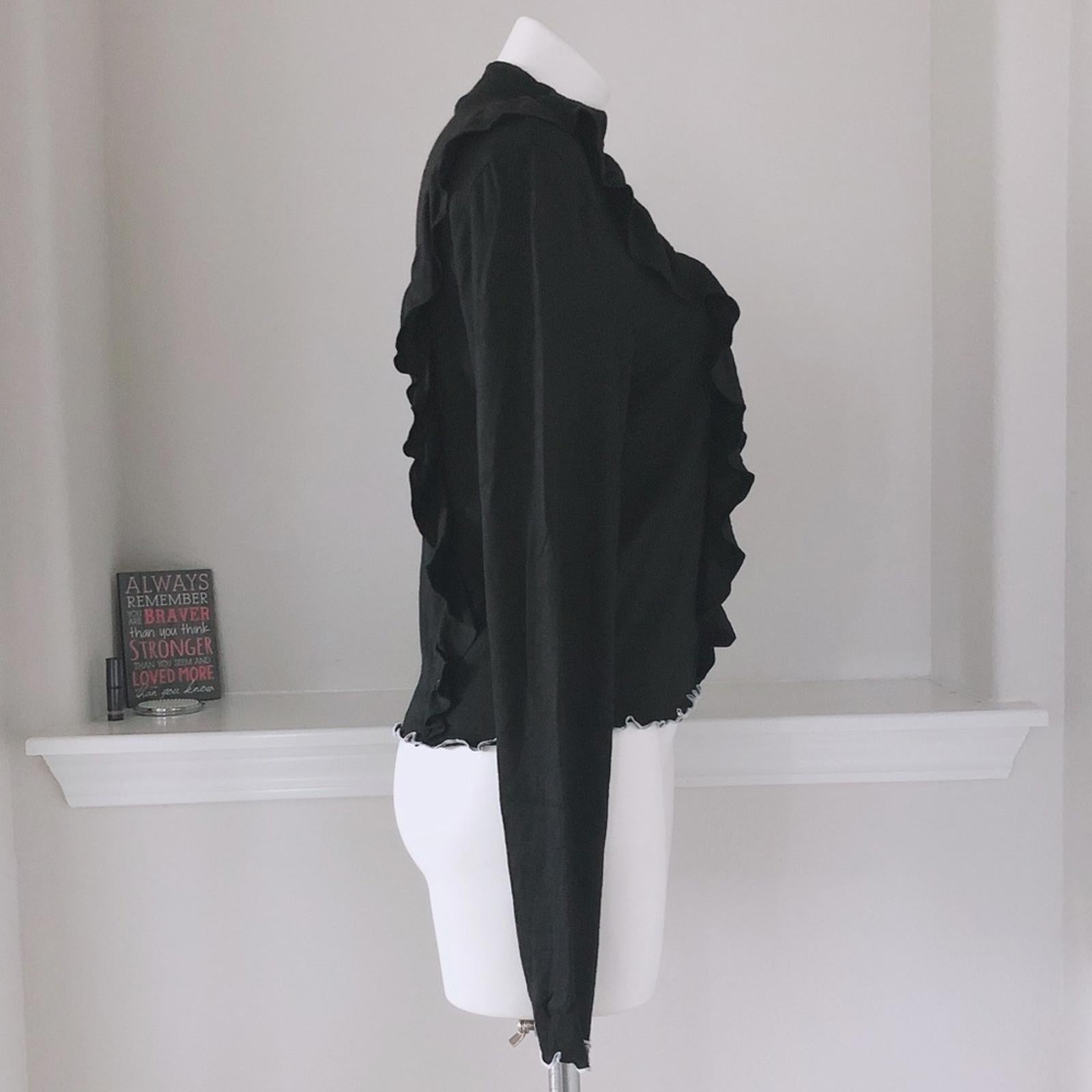 June & Hudson Mock Neck Sweater w/Ruffles Black w/ White Trim Size XL New w/Tag