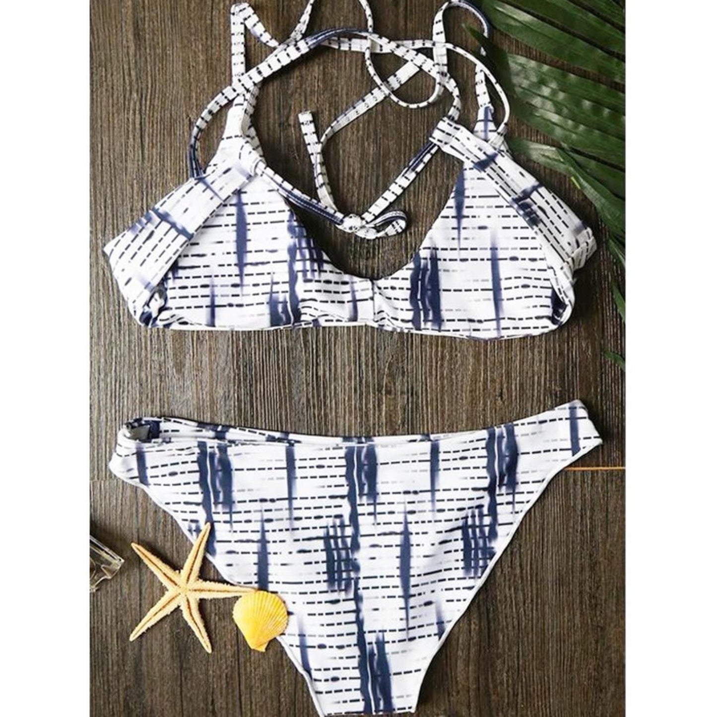 ZAFUL Blue Stripe Printed Cross Back Bikini Set Size L NEW