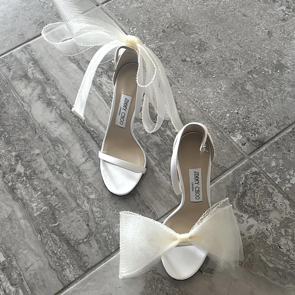 Jimmy Choo Aveline 100 Sandals w/Asymmetric Grosgrain Mesh Fascinator Bows NEW