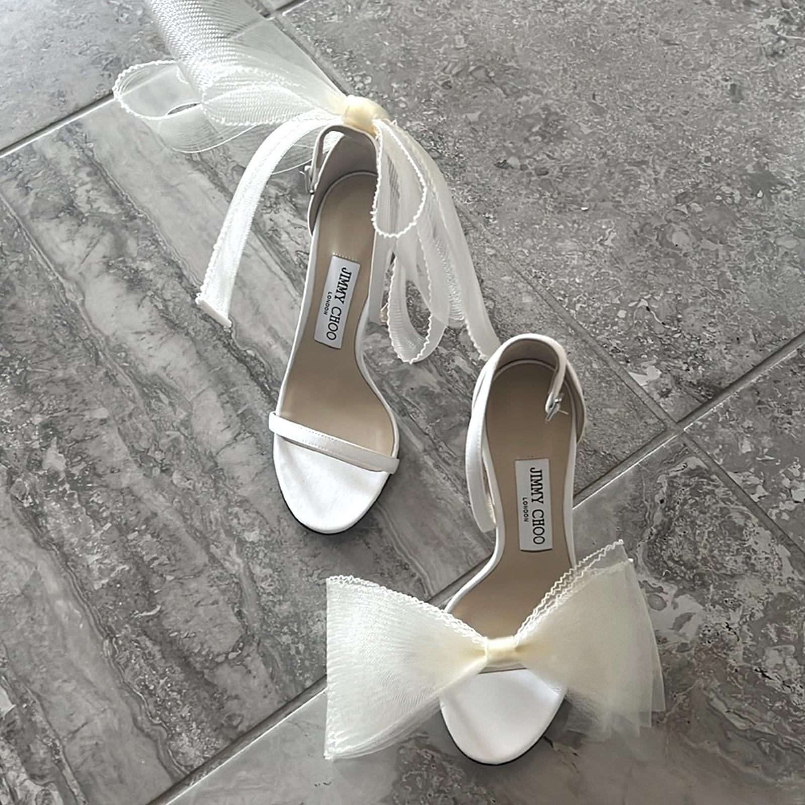 Jimmy Choo Aveline 100 Sandals w/Asymmetric Grosgrain Mesh Fascinator Bows NEW
