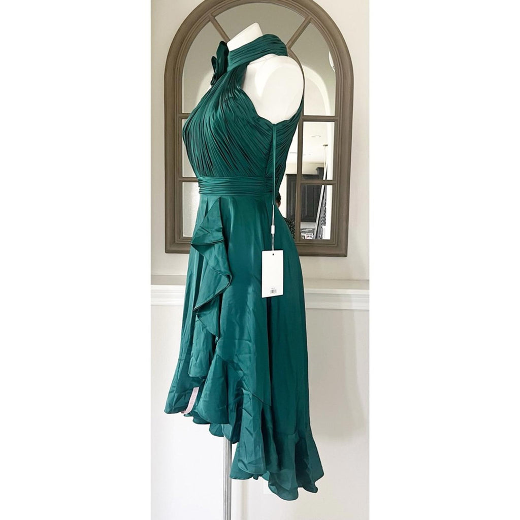 Mac Duggal Pleated Bodice High-Low Satin Cocktail Dress in Emerald Green NWT