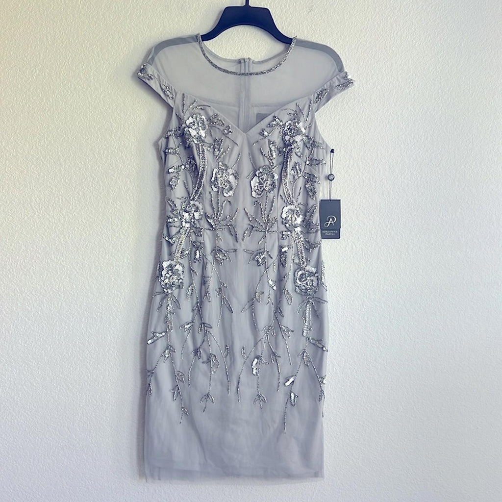 Adrianna Papell Embellished Sheath Dress in Bridal Silver, NEW, Size 4 $249