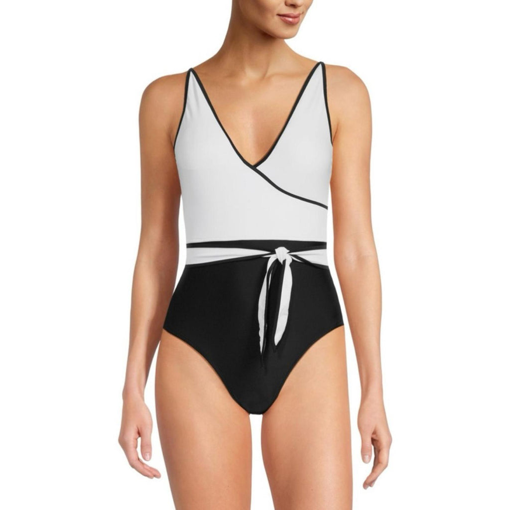 Tommy Hilfiger Colorblock Tie Front One Piece Swimsuit Black/White Size 14 NWT
