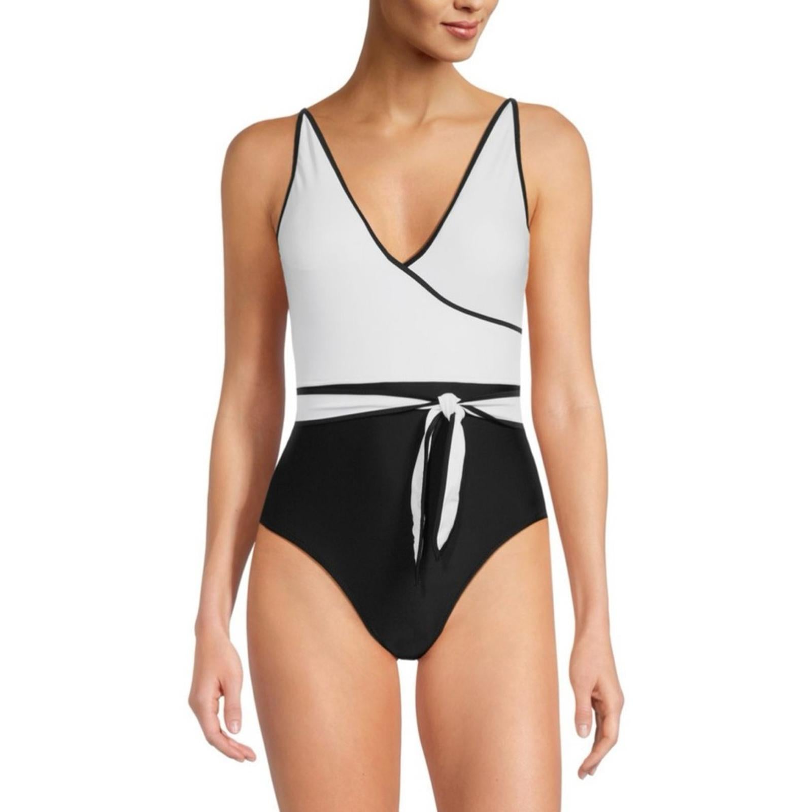Tommy Hilfiger Colorblock Tie Front One Piece Swimsuit Black/White Size 14 NWT