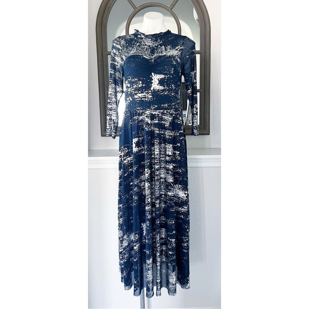TED BAKER Iggiey Metallic Burnout Midi Dress, 3/4 Sleeves Navy Size 4 US 10 NWT