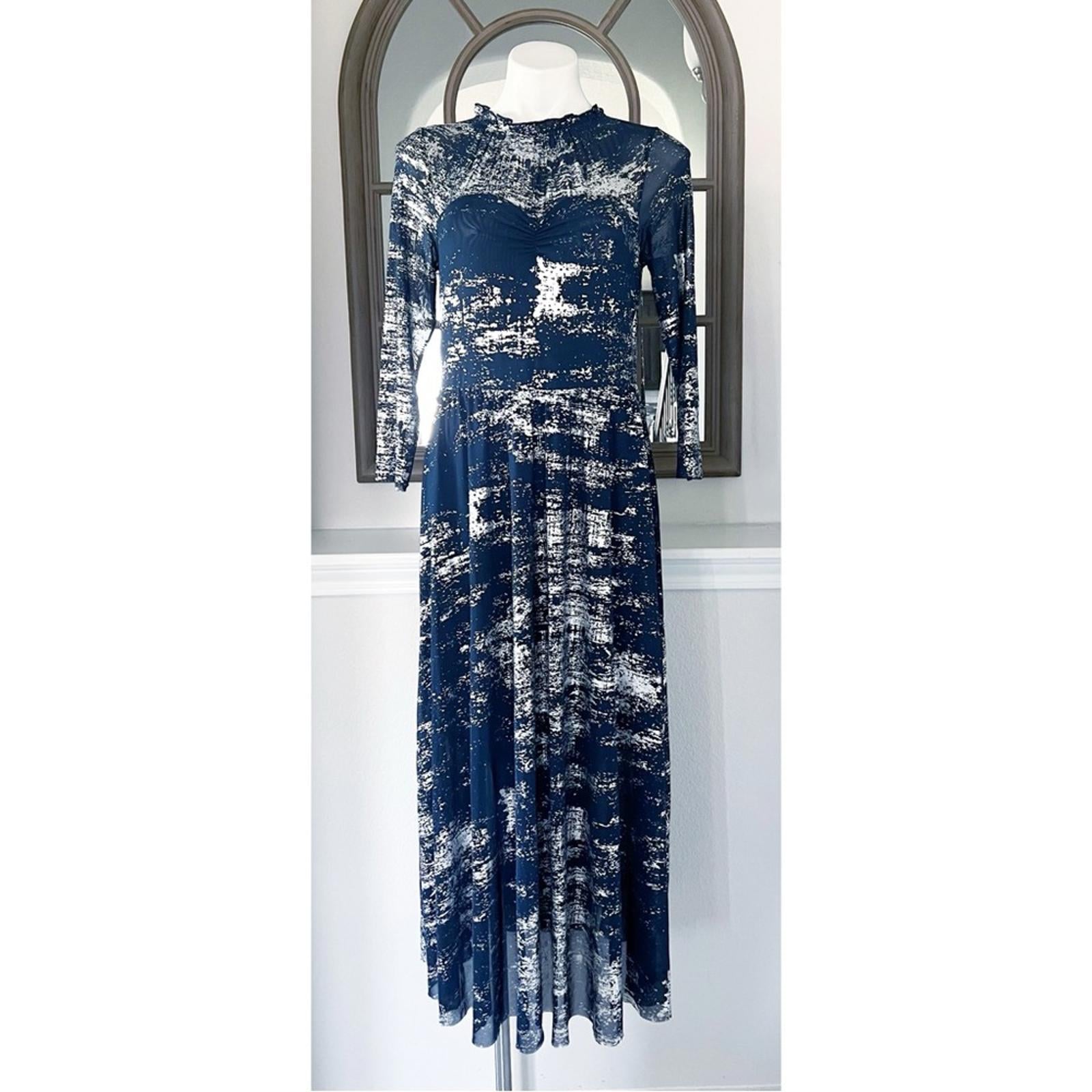 TED BAKER Iggiey Metallic Burnout Midi Dress, 3/4 Sleeves Navy Size 4 US 10 NWT