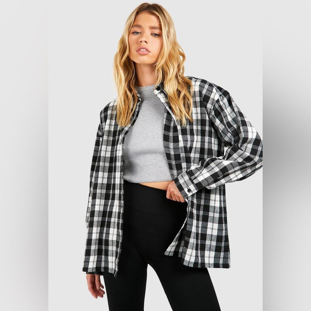Boohoo Black/White Flannel Oversized Shirt, Size XL New w/Tag