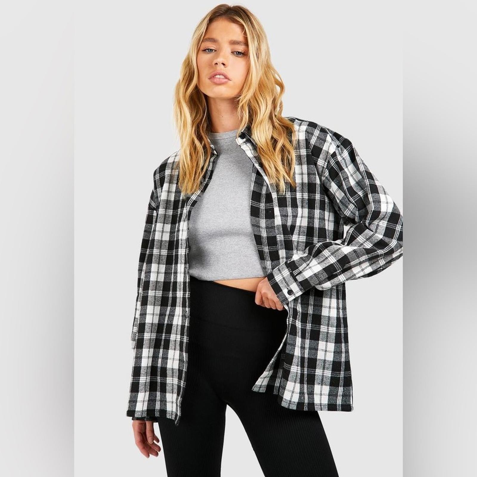 Boohoo Black/White Flannel Oversized Shirt, Size XL New w/Tag