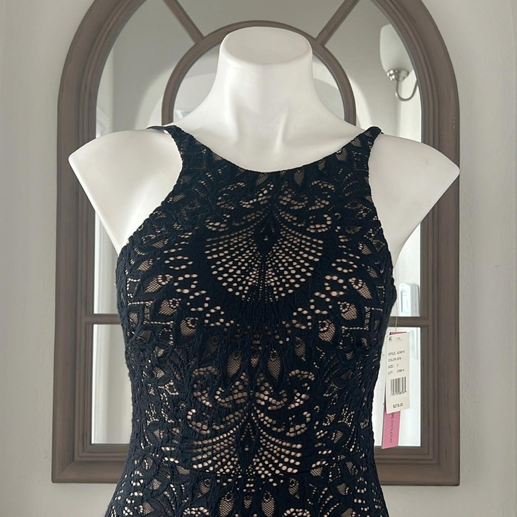 Aqua Lace Halter Midi Dress in Black/Nude, NWT, Size 2, Retail $278